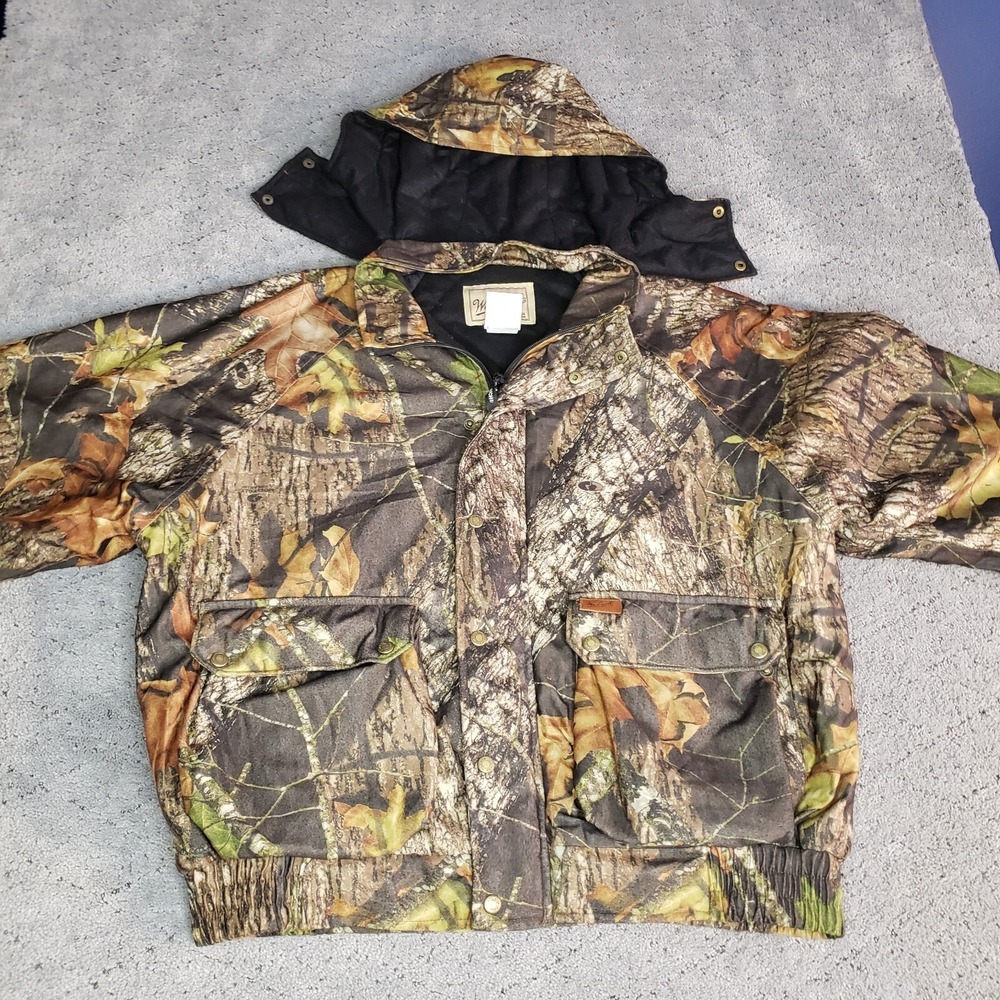 Woolrich Camo Jacket Mens L Long Sleeve Detachable Hood Mossy Oak Breakup Zip Up - Picture 2 of 12